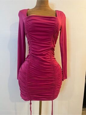 Fashion Nova Ruched Long Sleeve Mini Dress in Fuchsia Pink